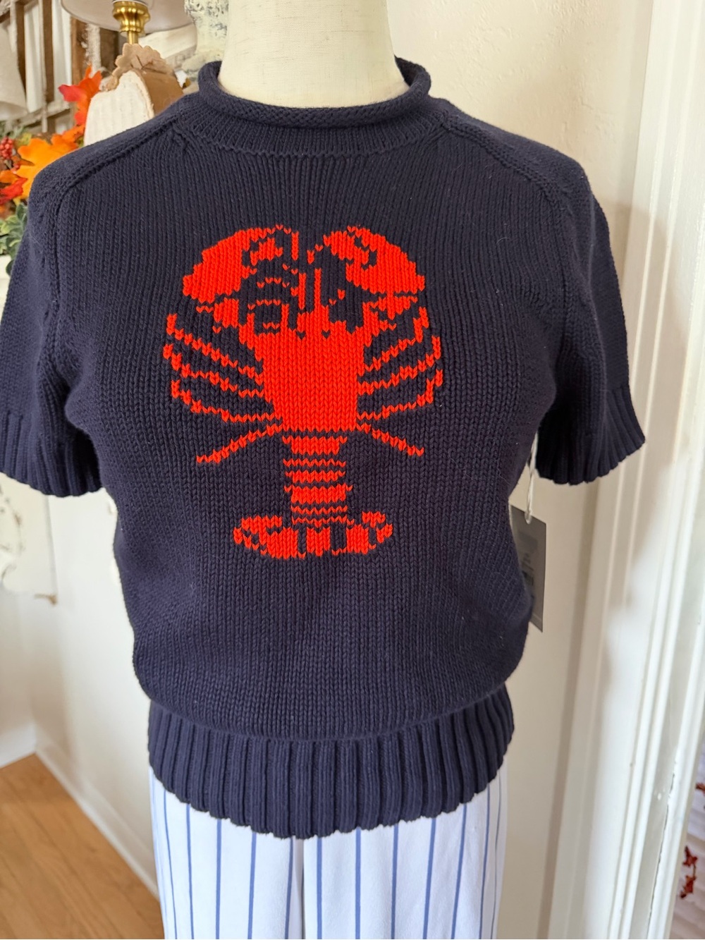 Women’s Navy Short-Sleeve Sweater with Red Lobster Motif
